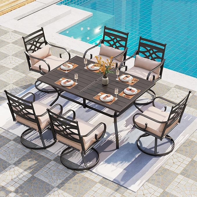 PHI VILLA 7 Pcs Patio Dining Set,Outdoor Table Chair Set for 6 with Outdoor Swivel Chairs and Metal Frame Steel Rectangular Table,Outdoor Dining Furniture with Cushion and Pillow for Garden Lawn Deck