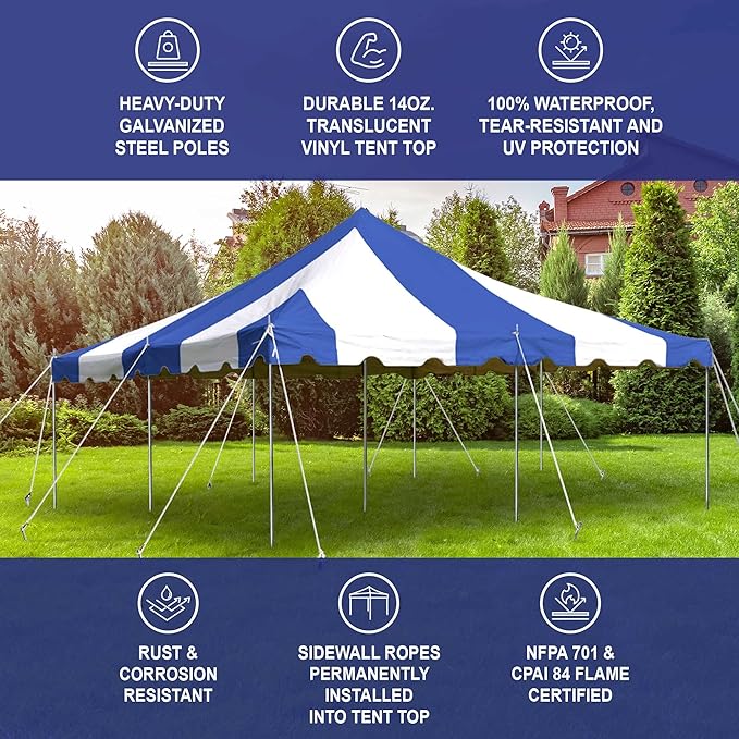 Party Tents Direct 20'x 20' Weekender Canopy Pole Tent with Sidewalls - Easy Up Canopy Tent with 80 Person Capacity - Outdoor Canopies for Parties, Weddings, and Events (Blue/White)