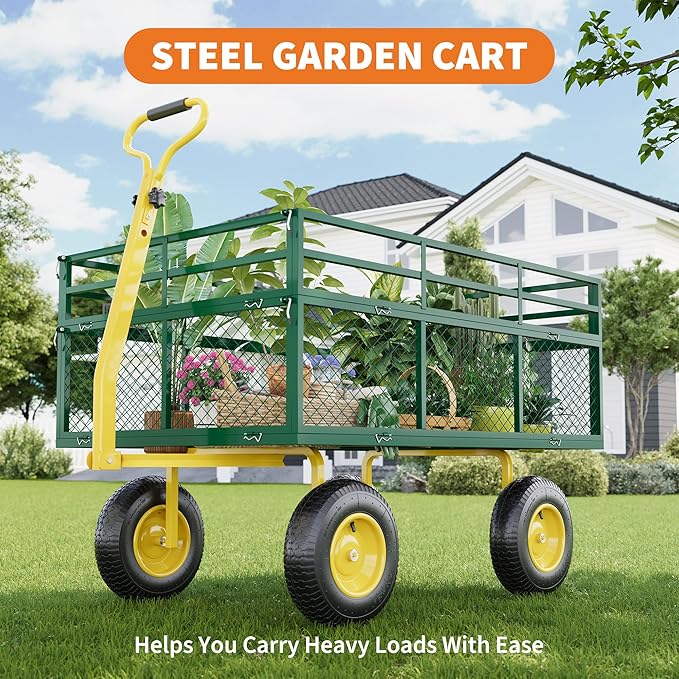 3-in-1 Heavy-Duty Steel Garden Cart, 1400 Lbs Garden Wagon, with 13 Inch All-Terrain Tires and Removable Mesh Side Panels, 180° Rotating Handle, Metal Multi-Function Carts, Outdoor Gardens Wagon Cart