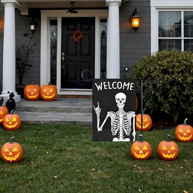 Welcome Halloween Garden Flag for Outside, 12x18 Inch Double Sided Halloween Scary Skeleton Yard Flag, Farmhouse Small Yard Flags for Outdoor Decorations, Holiday Decor Gifts-A07