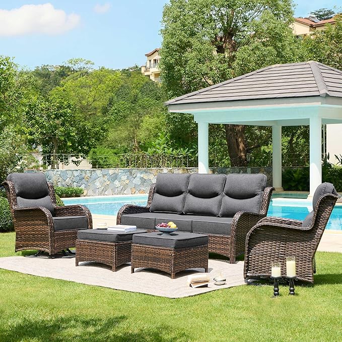 HILLGA Luxury High Back Patio Furniture Set with 6-Inch Thick Cushion, 5-Piece Outdoor Conversation Set with Sofa, Swivel Rocker Chairs & Ottomans, Ideal for Porch Pool Deck Yard (Dark Grey)