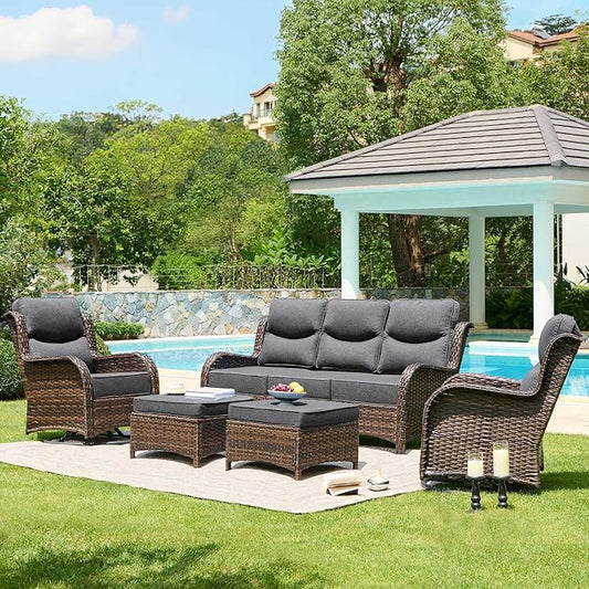 HILLGA Luxury High Back Patio Furniture Set with 6-Inch Thick Cushion, 5-Piece Outdoor Conversation Set with Sofa, Swivel Rocker Chairs & Ottomans, Ideal for Porch Pool Deck Yard (Dark Grey)