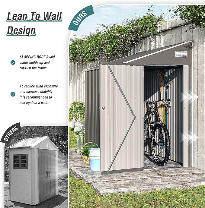 4x8 ft Lean to Shed, Outdoor Storage Shed with Lockable Door and Vents, Metal Storage Shed with 6 Vents, Outside Garden Tool Shed for Backyard, Patio, Wall Side Design (Dark Grey)
