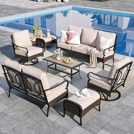 Sophia & William Patio Furniture Set, Outdoor Metal Conversation Set 9 Seats with 3-Seater Sofa, 2 Swivel Chairs, 1 Loveseat, 2 Ottoman, 1 Coffee Table for Seating, Lawn Porch Backyard,Beige