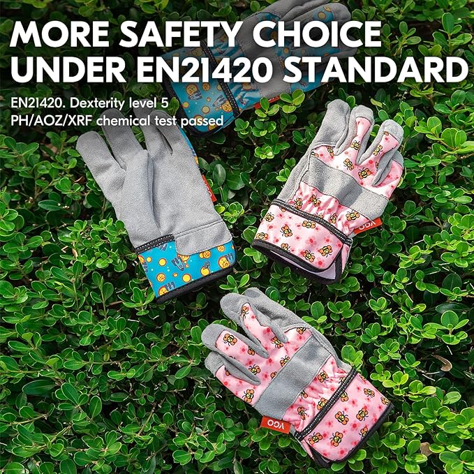 Vgo... 1-Pair Age 6-7 Kids Gardening Gloves,Children Yard Work Gloves,Soft Safety Outdoor Playing Gloves(Size L, Pink Bee, KID-MF3561)
