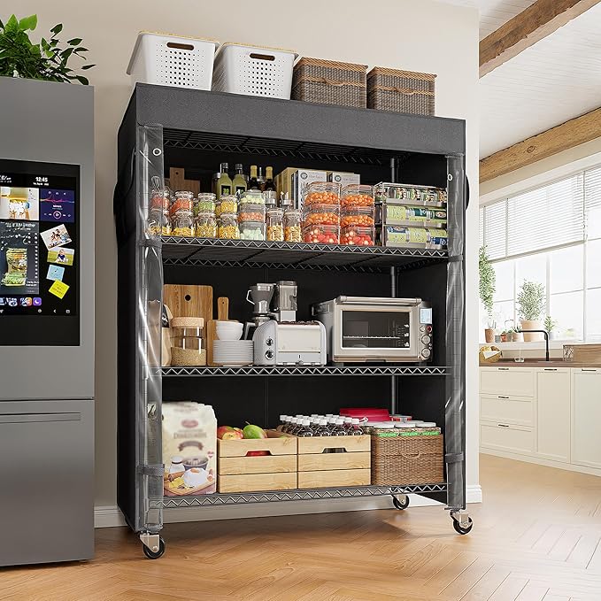 REIBII 4-Tier Storage Shelves Wire Shelving Unit with Cover & Wheels, Heavy Duty Metal Shelving for Dorm Storage Shelves, Garage Storage Rack Commercial Shelf, 36" W*14.3" D*56.5" H