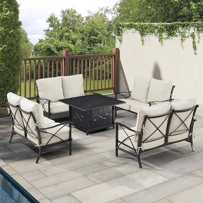 Oakland Living AHRI-4LS-REGIS-LGCU-AC Black Aluminum Patio Fire Table Set with Four Deep Seating Loveseat with Cushions, Antique Copper