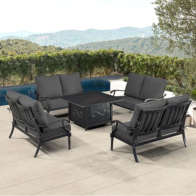 Oakland Living Black Aluminum Patio Fire Table Set with Four Deep Seating Loveseat with Cushions with Black Cushions