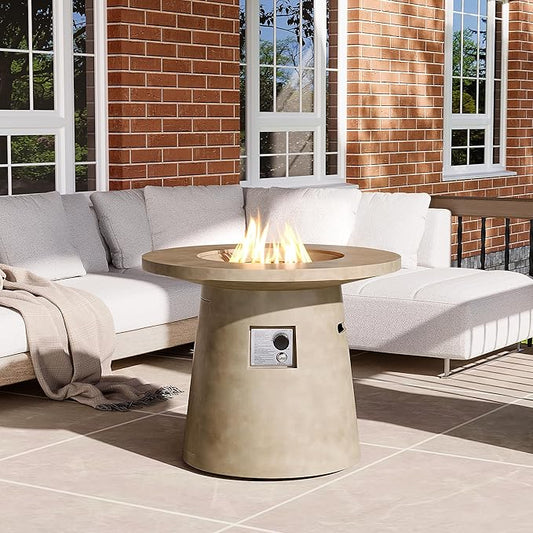 HOMPUS Outdoor Fire Pit Gray Propane Fire Table, 31-inch Round Propane Fire Pit, 40,000 BTU Gas Smokeless Fire Pit, Patio Concrete Fire Pit with Lava Rocks and Rain Cover for Garden, Deck, Backyard