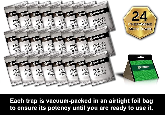 MaxGuard Pantry Moth Traps (24 Pack) with Extra Strength Pheromones | Non-Toxic Sticky Glue Trap for Food and Cupboard Moths in Your Kitchen | Trap and Kill Seed Grain Flour Meal Moths Pests |