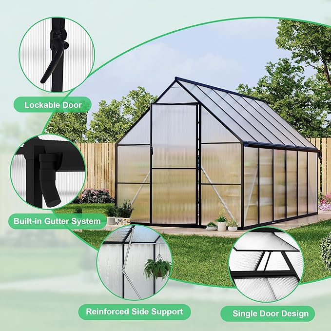 Aluminum Polycarbonate Greenhouse for Outdoors, Large Walk-InGreenhouse with Quick Setup Structure and Roof Vent, Greenhouse with Ventilation and Rain Gutter