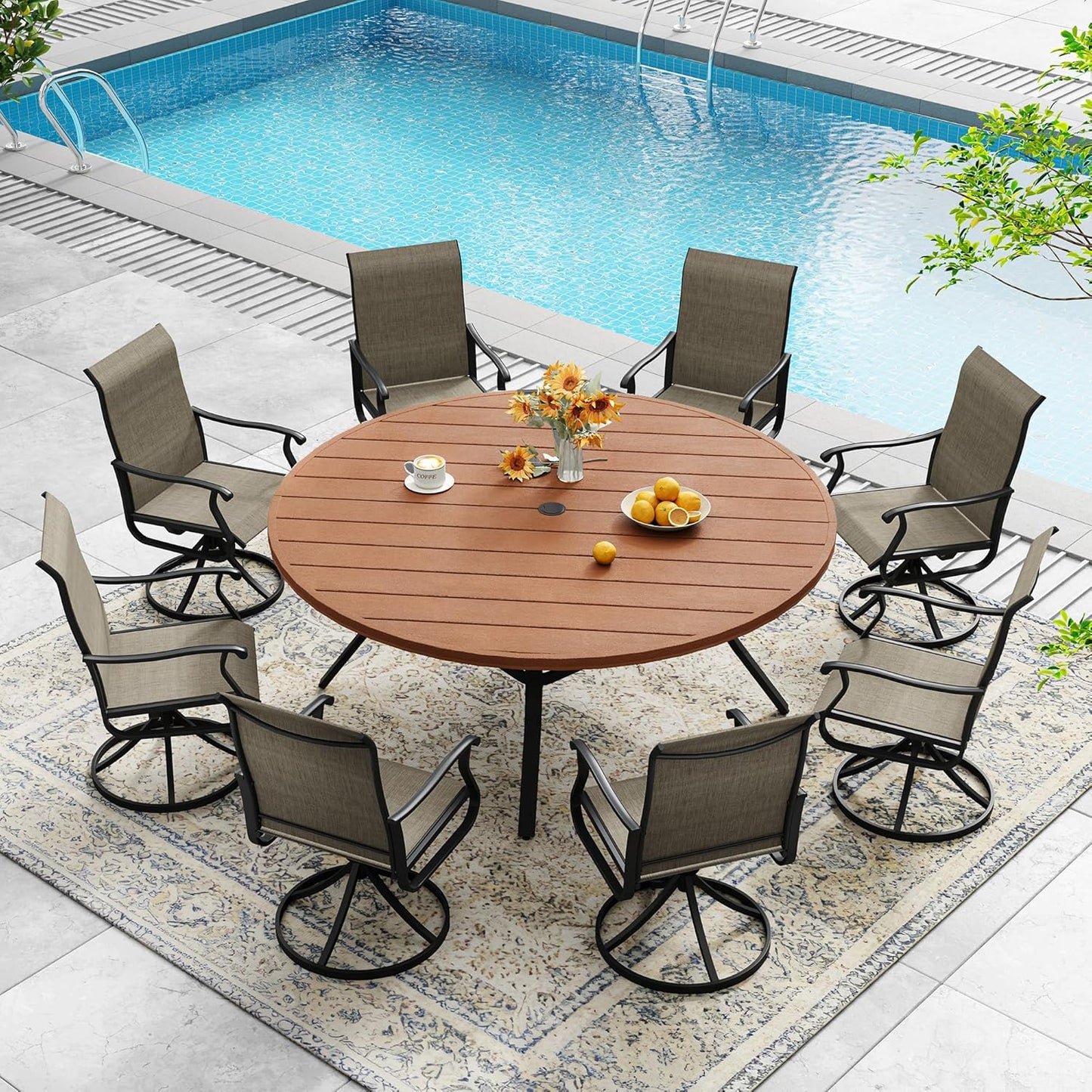 DIFY Round Outdoor Patio Dining Table for 8, 56.3" Patio Table with All-Weather Faux Wood Tabletop and Metal Steel Frame, Outside Table for Garden Porch Backyard, Walnut