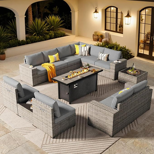 ovios 13 Pieces Patio Furniture Set, Outdoor Wicker Sectional Sofa with 54 Inch Fire Pit Table Comfy Cushions, Modern Modular Deep Seat Rattan Couch Conversation Set, Dark Grey