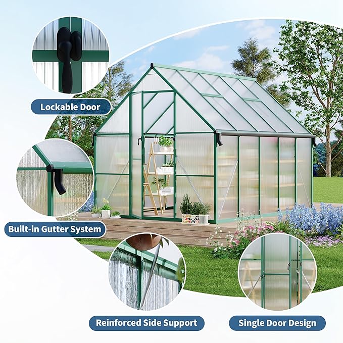 8'X10' Aluminum-Framed Polycarbonate Greenhouse, Heavy Duty Polycarbonate Greenhouse with Quick Setup Structure and Roof Vent, Large Enhanced Aluminum Greenhouses Kit for Outdoors