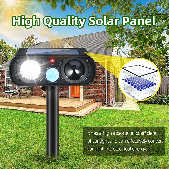 2025 4Pack Ultrasonic Animal Repellent Outdoor Solar Animal Repeller witht Motion Sensor&LED Strober Ligh Cat Deterrent Outdoor Deer Repellent Device to Scare Rabbit Fox Dog Raccoon Squirrel Skunk