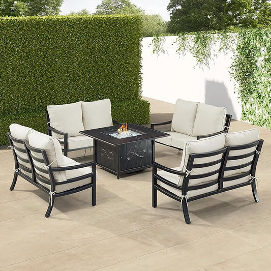 Oakland Living Black Aluminum Patio Fire Table Set with Four Deep Seating Loveseat with Cushions with Light Grey Cushions