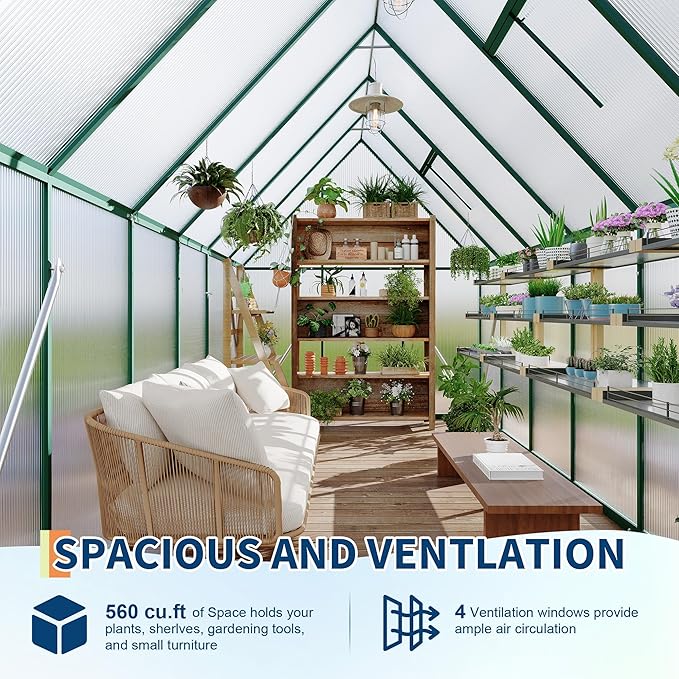6'X11' Aluminum-Framed Polycarbonate Greenhouse, Heavy Duty Polycarbonate Greenhouse with Quick Setup Structure and Roof Vent, Large Enhanced Aluminum Greenhouses Kit for Outdoors