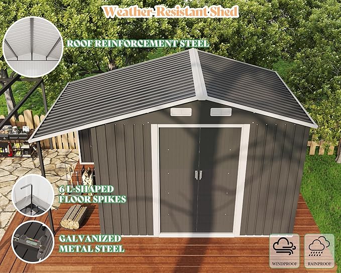 AMERLIFE 10.6x6.8x6.3 FT Galvanized Metal Storage Shed with Open Firewood Bay, Sliding Doors & Ramp, 2 Windows & Vents, Weather-Resistant Outdoor Tool/Garden Shed, Dark Gray
