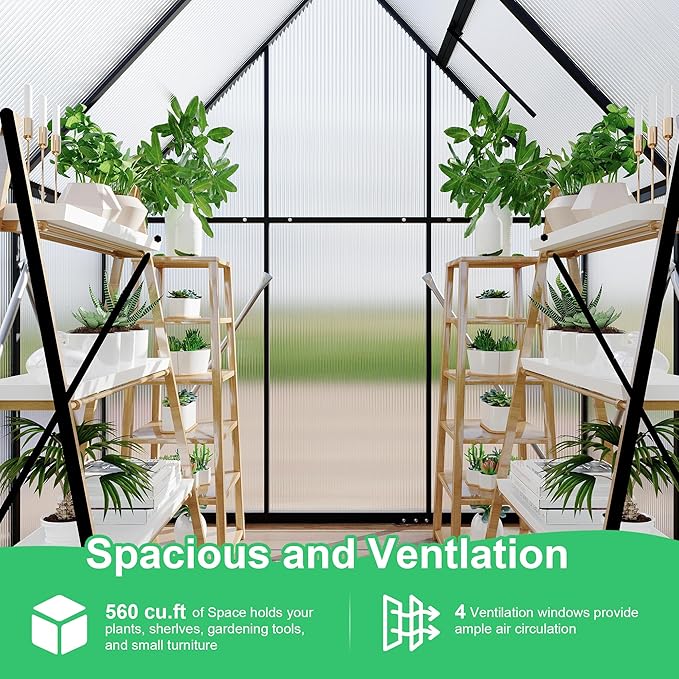 Aluminum Polycarbonate Greenhouse for Outdoors, Large Walk-InGreenhouse With Quick Setup Structure and Roof Vent, Greenhouse With Ventilation