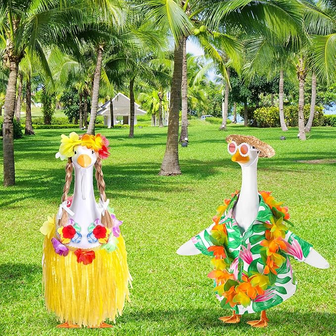 DECOHS 2 Set Hawaiian Porch Goose Outfits, Summer Bikini Lawn Goose Costume, Yard Goose Clothes Grass Skirt Straw Hat with Wreath Glasses Wig for 23" Statue Patio Garden Decoration