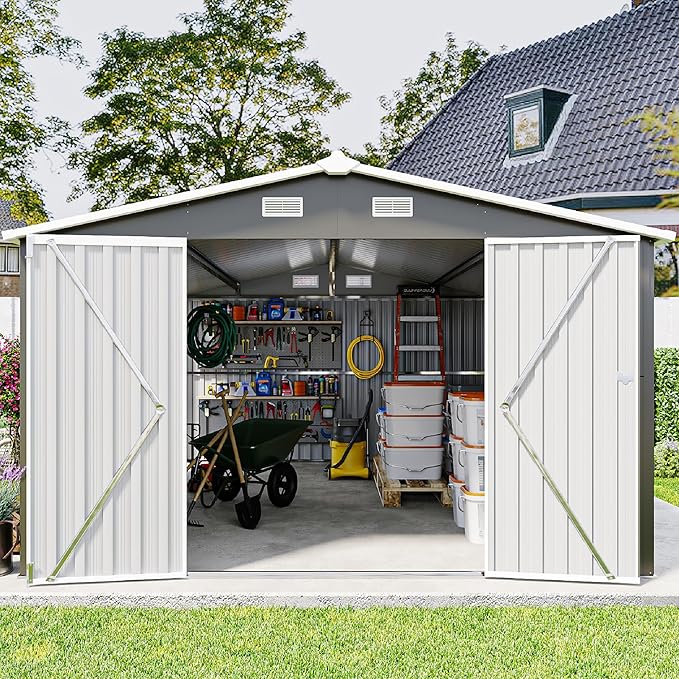 KEIKI 10x 14 FT Metal Storage Shed Outdoor, Large Garden Shed with Roof & Lockable Doors, Utility Tool Sheds Frame & 4 Vents for Patio Backyard Bicycles Storage House, All Weather Use, Dark Grey