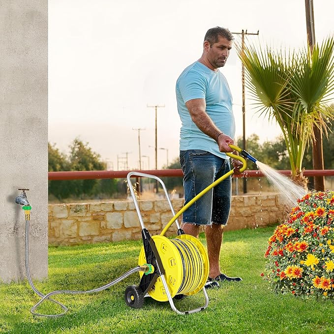 Short Garden Hose with Female to Female Connector, 5ft Metal Leakproof Leader Hose for Hose Reel, Heavy Duty 304 Stainless Steel Flexible Hose for Outdoor Garden Watering Car Pet Cleaning