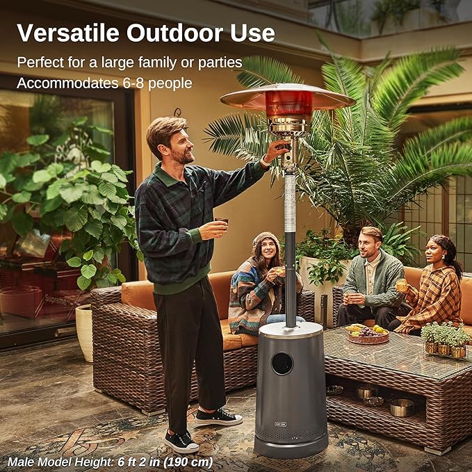 EAST OAK 55,000 BTU Patio Heater with Sand Box, Table Design, Thicker Stainless Steel Burner, Wheels, Triple Protection System, Propane Outdoor Heater for Home and Residential, Commercial Grade, Grey