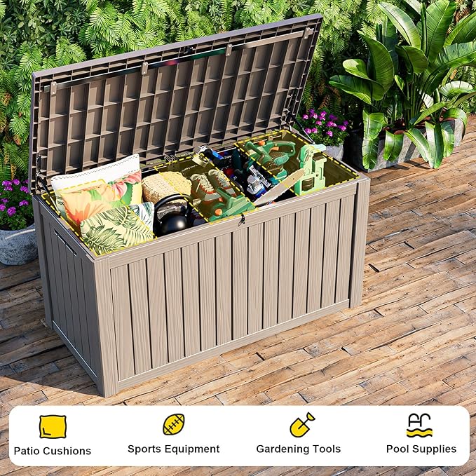 ROJIK Outdoor Storage Housing Deck Box - Waterproof Patio Furniture, Garden Tools, Cushions, Pool Accessories Storage Bench with Lockable Lid and Side Handles (Grey 158 Gal)