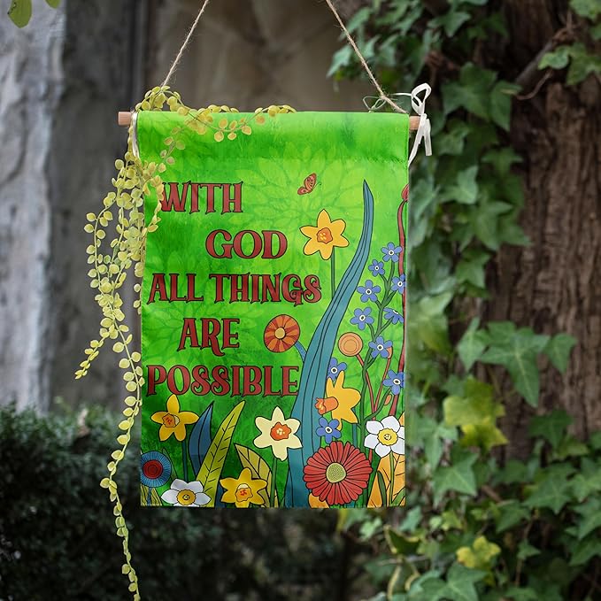 Religious Garden Flags Christian Flags for Outside Spring Floral Yard Flags Small Summer Outdoor Flag Green Flower with God All Things are Possible Banner 12x18 Double Sided