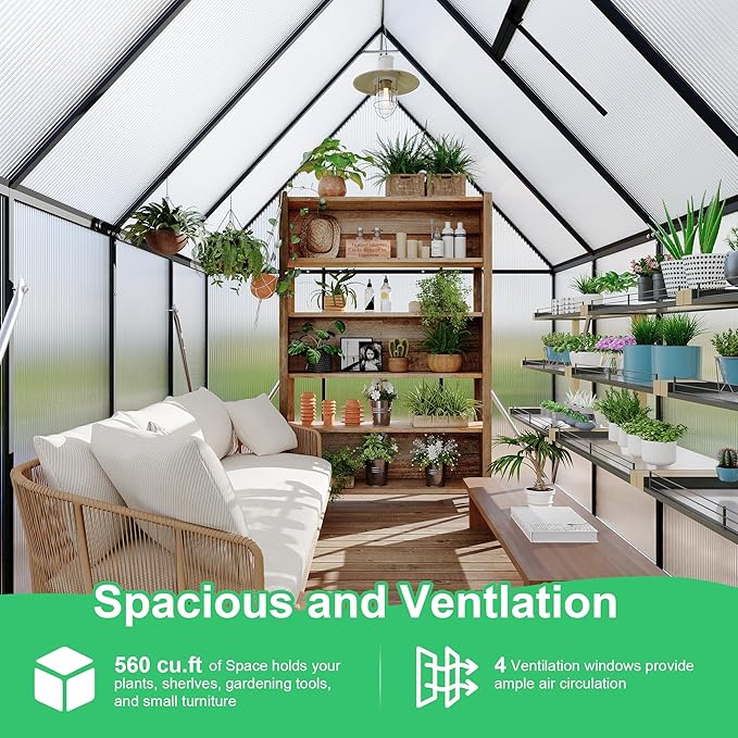 Aluminum Polycarbonate Greenhouse for Outdoors, Large Walk-InGreenhouse With Quick Setup Structure and Roof Vent, Greenhouse With Ventilation