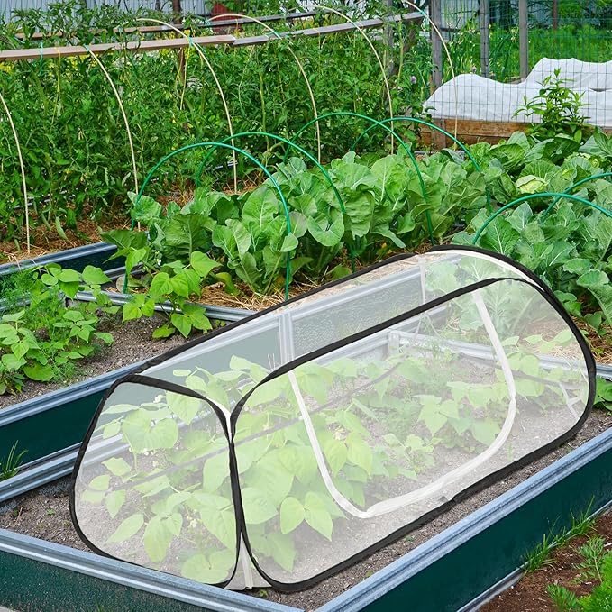 2 Pcs Pop Up Garden Rows Plants Cover, 45" x 22" x 16" Raised Garden Beds Vegetable Rows Plant Protector, Insect Bird Barrier Plant Net Cage with Stakes for Protecting Seedlings Fruits Vegetable Row