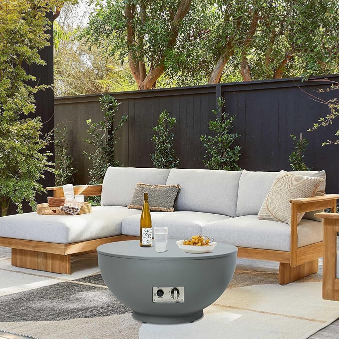 28-Inch Propane Fire Pit with Natural Gas Conversion Kit, 50,000 BTU Round Gas Fire Pit Table, Outdoor Fire Bowl Firepit with Lid, Lava Rocks, Cover, Pre-Attached 10FT Propane Hose, Gray