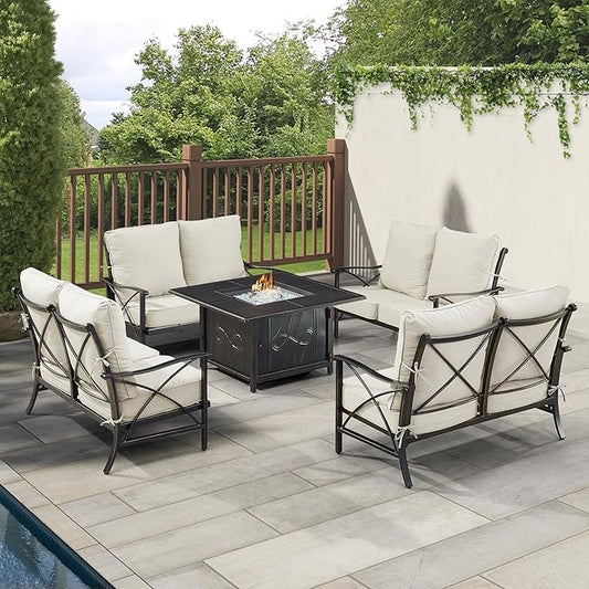 Oakland Living AHRI-4LS-REGIS-LGCU-AC Black Aluminum Patio Fire Table Set with Four Deep Seating Loveseat with Cushions, Antique Copper