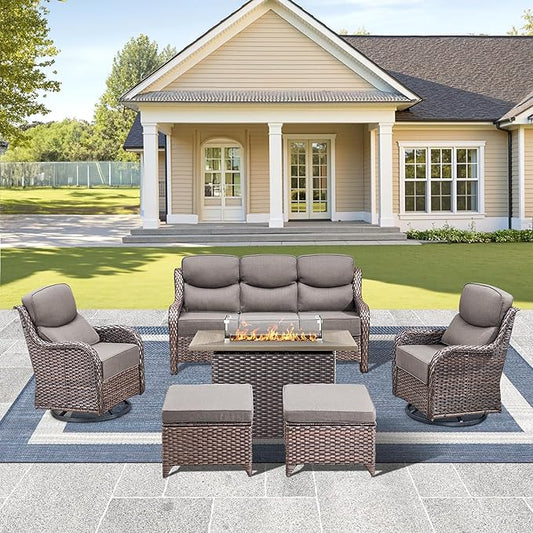 Luxury High Back Outdoor Furniture 6-Inch Thick Cushions with 50,000 BTU Gas Propane Fire Pit Tablet, Patio Furniture Set with Swivel Chairs, 6 PCS for Porch, Balcony, Deck and Yard