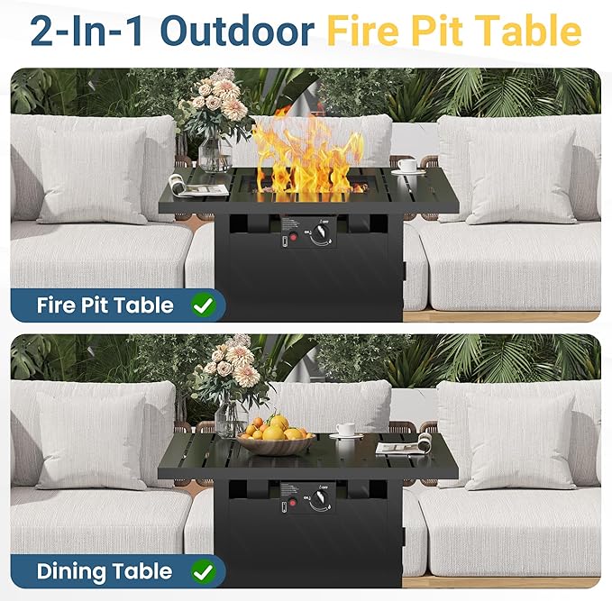 Royalcraft 2 in 1 Propane Fire Pit Table, 50000 BTU Gas Fire Pits Table with Removable Lid, Lava Rock and Cover, Square Fire Table for Dining or Party on Garden, Patio, Yard, 30", Black