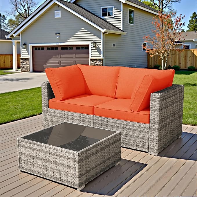HOOOWOOO Patio Sectional Furniture Set,3 Piece Couch Set with 2 Matching Corner Chairs and 1 Table(Orange Red)
