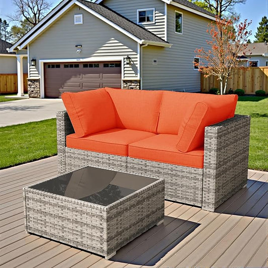 HOOOWOOO Patio Sectional Furniture Set,3 Piece Couch Set with 2 Matching Corner Chairs and 1 Table(Orange Red)