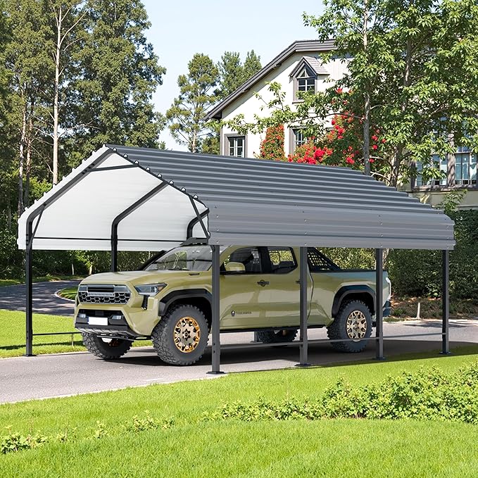 JY QAQA 12 x 15 FT Metal Carport Kits with Galvanized Steel Roof, Heavy Duty Metal Carport Canopy, Outdoor Car Tent Garage Shelter for Car, SUV, Truck and Boats