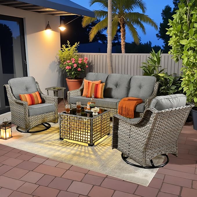 5 Pieces Patio Outdoor Furniture Set with Swivel Rocking Chairs,All Weather Wicker Rattan Patio Seating Sofa and Chair Set w/Glowing Table,Outdoor Conversation Sets for Deck Yard Garden,Dark Grey