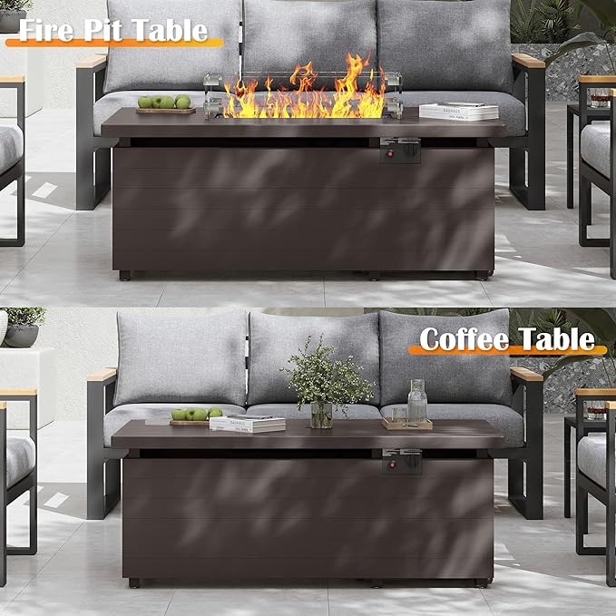 Sundale 50 Inch Outdoor Fire Pit Table, 50,000BTU Rectangle Propane Fire Pit with Glass Wind Guard, Rain Cover, Removable Lid, CSA Certified, Brown