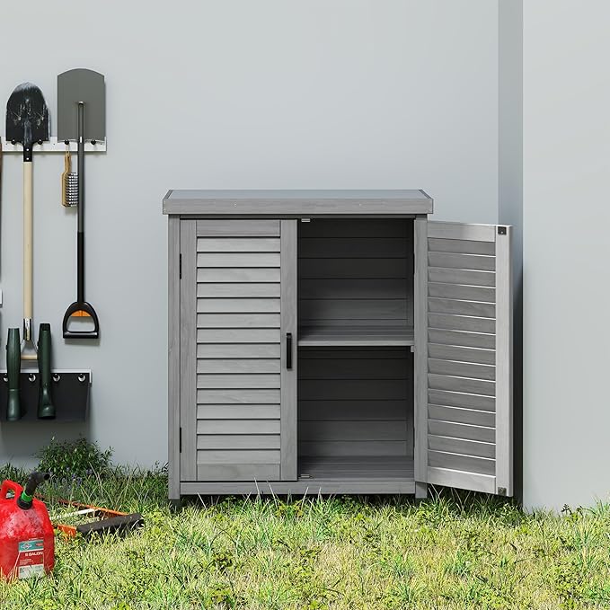 Potting Bench with Storage Cabinet and Metal Table Top for Outdoor Patio, Garden Furniture Wood Workstation Grey 31x17x36''