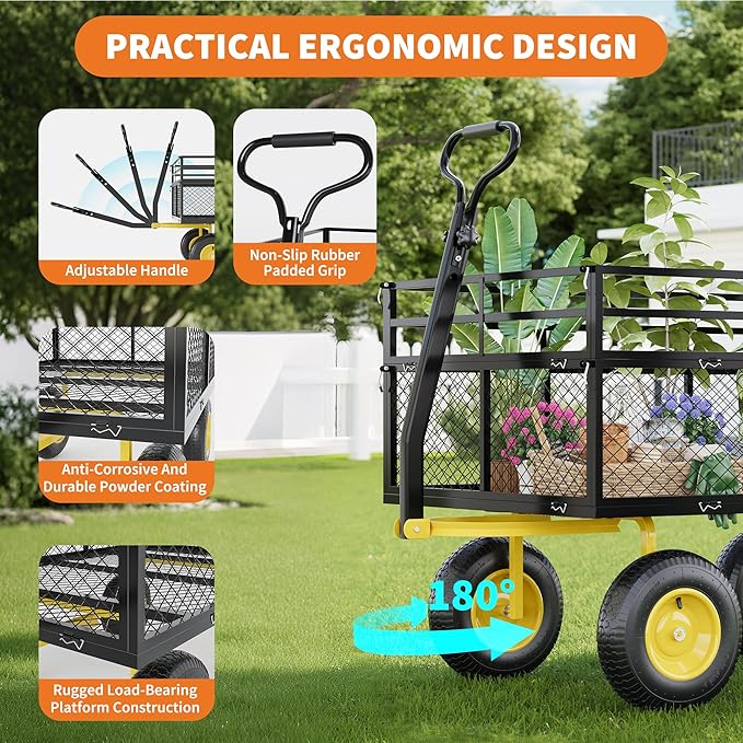 3-in-1 Heavy-Duty Steel Garden Cart, 1400 Lbs Garden Wagon, with 13 Inch All-Terrain Tires and Removable Mesh Side Panels, 180° Rotating Handle, Metal Utility Yard Trailer, Outdoor Gardens Wagon Cart