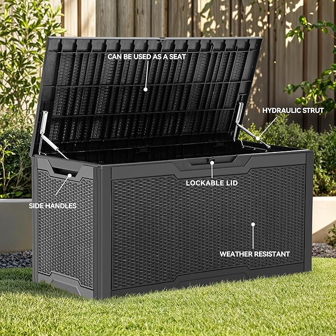 YITAHOME 100 Gallon Outdoor Storage Box, Large Water Resistant Resin Deck Box, Indoor Outdoor Lockable Storage Container for Patio, Garden, Cushions, Tools, Equipment (Black)