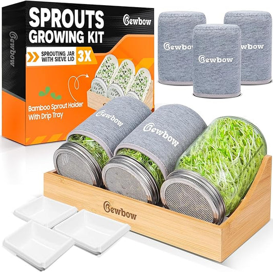[Upgraded] 3 PCS Seed Sprouting Mason Jar Kit with Bamboo Holder, Drain Tray, Screen Lids, Blackout Sleeves, Good Ventilation & Drainage Capacity, Growing Fresh Organic Mung Beans & Microgreens