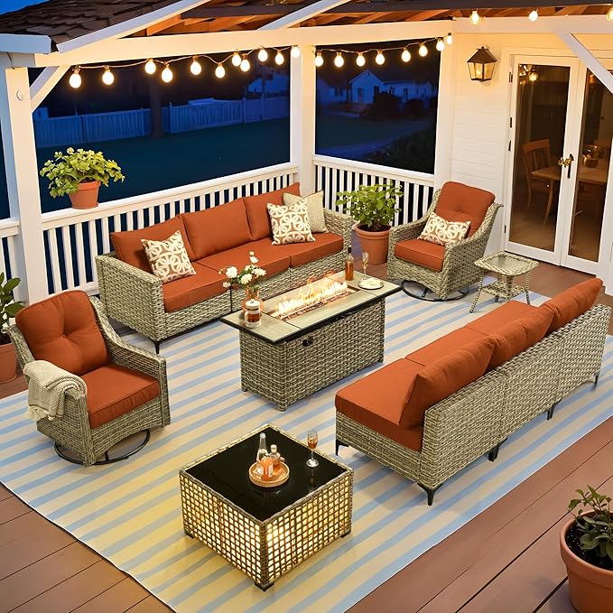 HOOOWOOO Outdoor Patio Furniture Set with Fire Pit Table,11 Pieces Wicker Out Door Sectional Furniture L Shaped Couch,Outside Patio Conversation Swivel Chair Sets,Brick Red