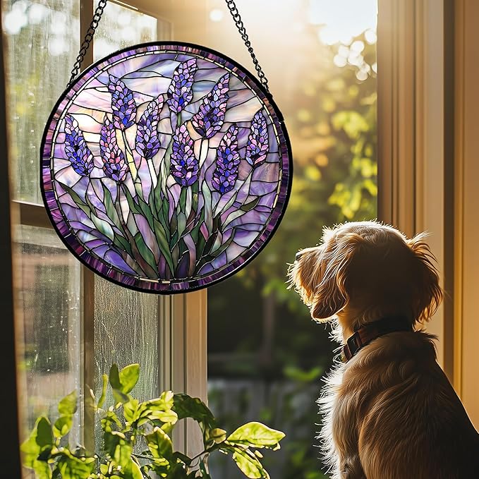 Stained Glass Window Hanging - Purple Flowers Suncatcher for Door Terrace Garden Home Decor Lavender Plant Floral Sun Catcher Birthday Gifts for Lovers Women Men Dad Mom Nana 15 in