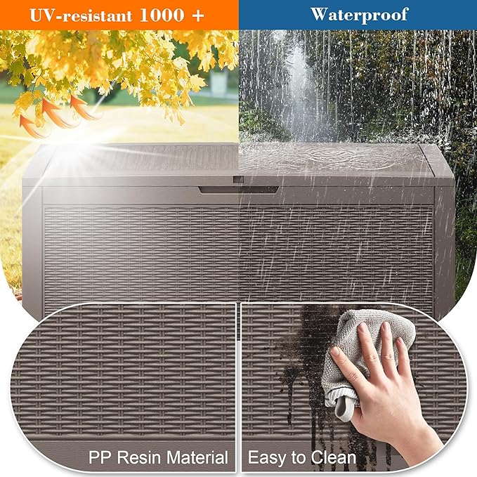 100 Gallon Resin Deck Storage Boxes Outdoor Waterproof, Lockable Outdoor Storage Container for Patio Cushions, Garden Tools, Pool Accessories,Grey