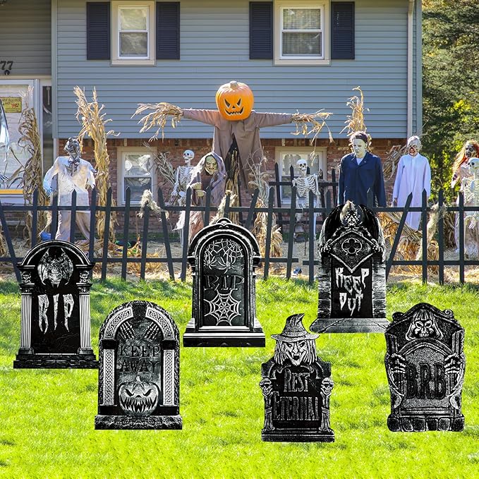 Halloween Gravestone Tombstones Yard Signs Decorations, Devil, Pumpkin, Bat, Spider, 6pcs 11.5”x16.93 Waterproof Halloween Graveyard for Home, Party, Cemetery Decor