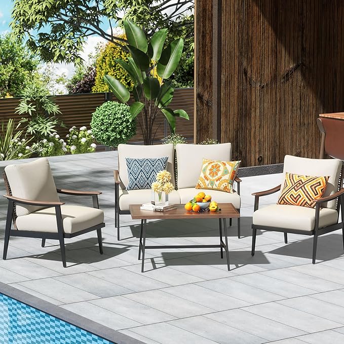 NATURAL EXPRESSIONS 4 Pieces Patio Furniture Set, Outdoor Furniture Sofa Sectional Modern Metal Patio Conversation Set with High Back Wicker Backrest & Loveseat for Balcony, Backyard, Deck, Porch