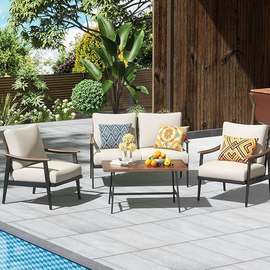 NATURAL EXPRESSIONS 4 Pieces Patio Furniture Set, Outdoor Furniture Sofa Sectional Modern Metal Patio Conversation Set with High Back Wicker Backrest & Loveseat for Balcony, Backyard, Deck, Porch